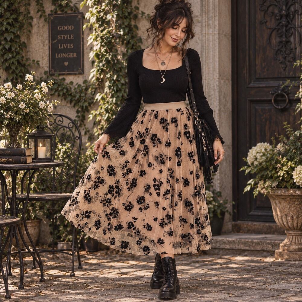 Mesh Velvet Burnout Midi Skirt Sz M Tan Black Gothic Whimsigoth Dark Coquette